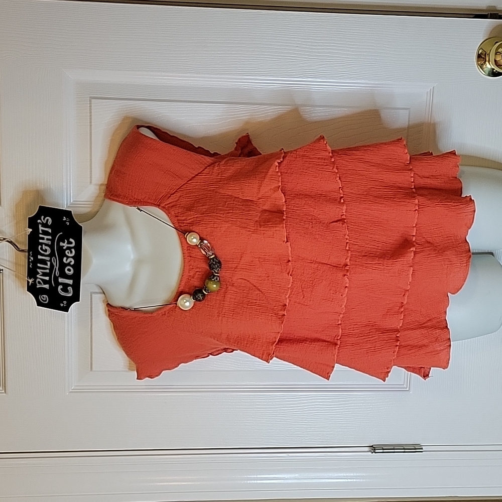 Cato Ruffled Layered Top Coral XL with Detachable Beaded Accent Necklace